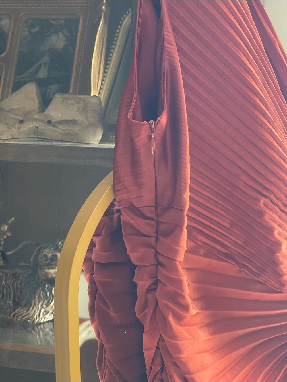 Few Moda NWT o.p.t Perko One-Shoulder cut out Pleated Rust Orange Dress - Picture 9 of 12
